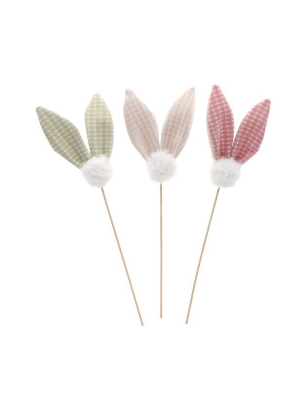 GINGHAM RABBIT EARS W/ POMPOM ON STICK - 3 ASS 8CM X 2CM X 30CM
