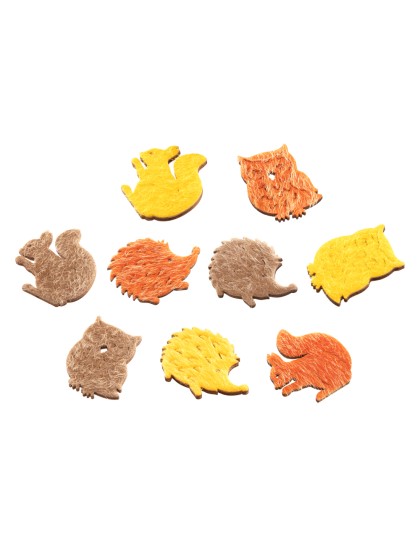 BAG OF 12 WOODEN/FELT AUTUMN ANIMALS ASS COLORS 4CM
