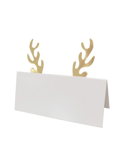 6 WHITE TABLE PLACE CARDS W/ METAL GOLD REINDEER ANTLERS 9CM X 4CM
