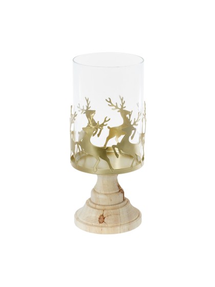 GLASS CANDLE HOLDER MATT GOLDEN DEER ON WOODEN BASE DIA 12.5CM X 25CM