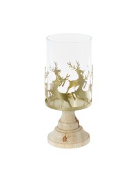 GLASS CANDLE HOLDER MATT GOLDEN DEER ON WOODEN BASE DIA 12.5CM X 25CM