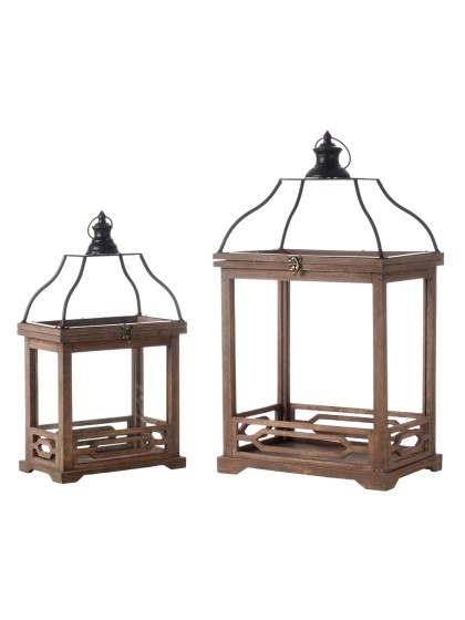 SET 2 WOODEN/GLASS RECTANGULAR LANTERNS 33.5CM X 22.5CM X 58.5CM/26CM X 15.5CM X 45.5CM