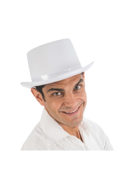CHAPEAU HAUT DE FORME BLANC SATINE ADULTE TAILLE AJUSTABLE 12CM