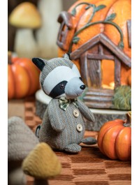 GREY TWEED FABRIC RACCOON WITH BOW TIE 12CM X 14CM X 20CM HT