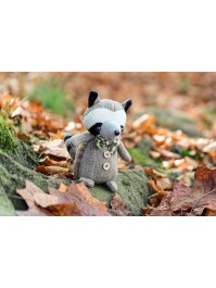 GREY TWEED FABRIC RACCOON WITH BOW TIE 12CM X 14CM X 20CM HT