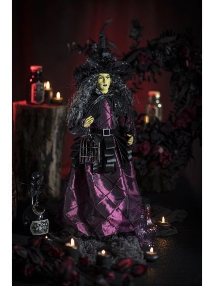 PURPLE DRESSED STANDING WITCH WITH BIRD CAGE 21CM X 21CM X 62CM