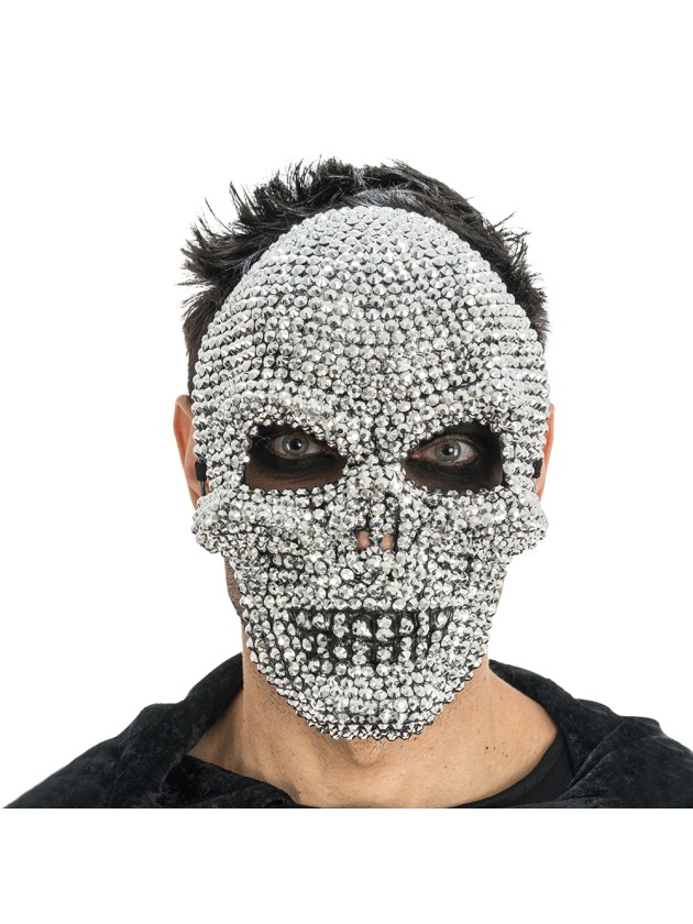 MASQUE TETE DE MORT STRASS ARGENTE 16CM X 6.5CM X 24.5CM
