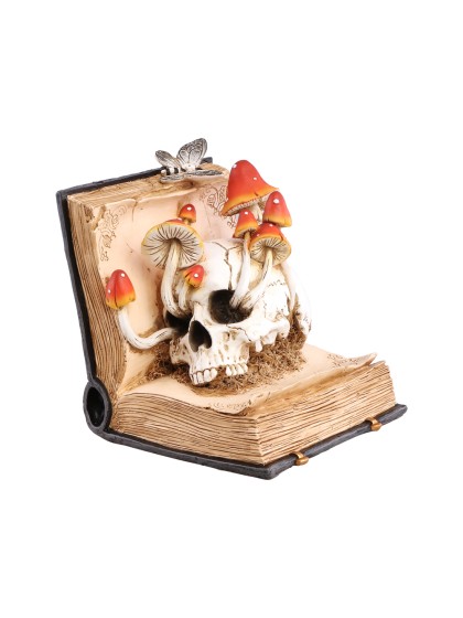 BOOK OF SPELLS SKULL AND MUSHROOMS 17CM X 17CM X 19CM