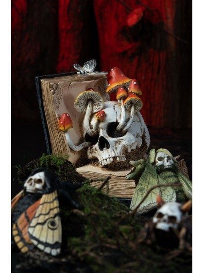 BOOK OF SPELLS SKULL AND MUSHROOMS 17CM X 17CM X 19CM