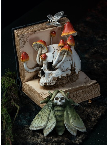 BOOK OF SPELLS SKULL AND MUSHROOMS 17CM X 17CM X 19CM