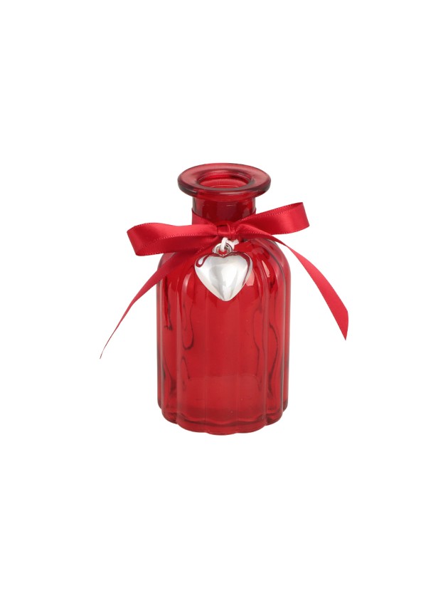 RED GLASS VASE WITH HEART RIBBON DIA 5.5CM X 10.5CM