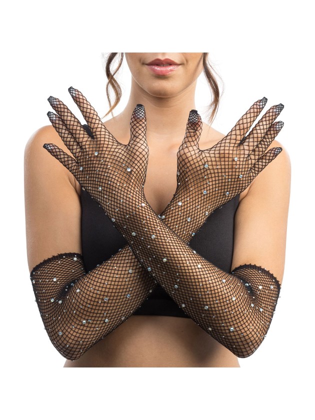 HANDSCHUHE NETZ SCHWARZ MIT STRASS Einheitsgröße - 45CM