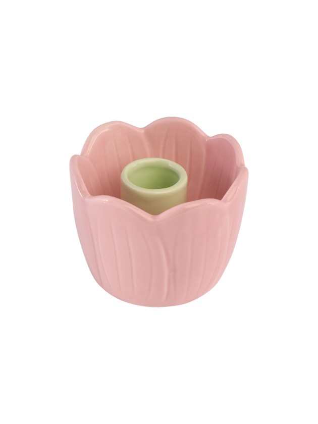PORTE BOUGIE FLAMBEAU CERAMIQUE FLEUR ROSE NYMPHEA DIA 9CM X 7CM