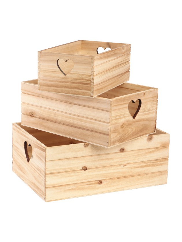SET 3 HOLZKISTEN HOLZ HERZ 35X25X14CM/ 30X20X12.5CM/25X15X10CM