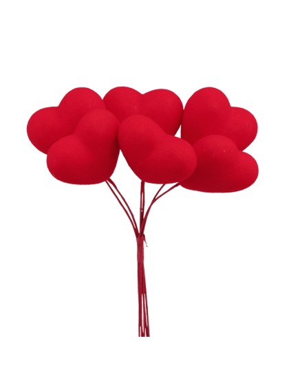 BUNCH OF 6 POLYFOAM FLOCKED RED HEARTS 10CM X 4CM X 15CM