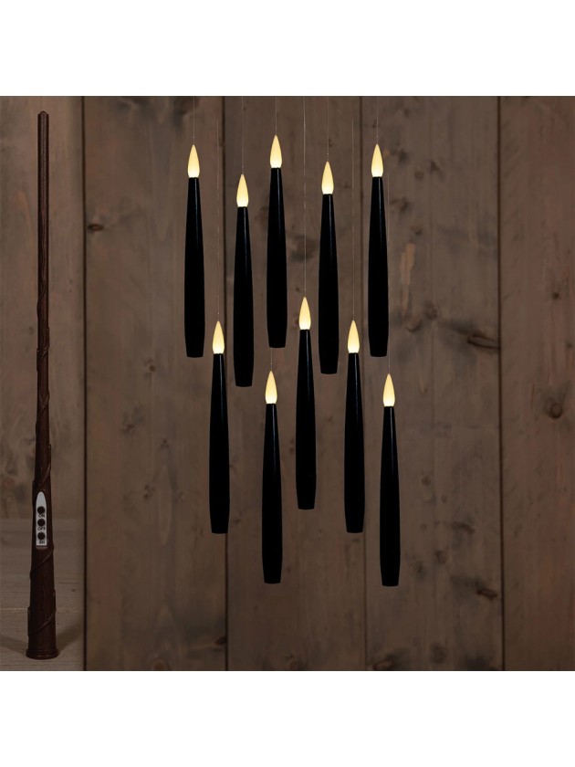 10 BLACK LED FLOATING CANDLES WITH MAGIC STICK CANDLE: 1.5CM X 1.5CM X 15CM MAGIC STICK: 2CM X 2CM X 35CM