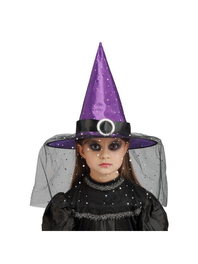 CHAPEAU DE SORCIERE VIOLET BOUCLE ET PAILLETTES ENFANT 35.5CM X 35.5CM X 33CM