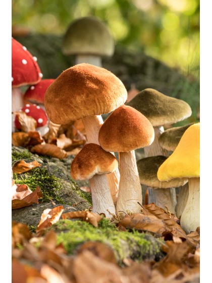 3 CHAMPIGNONS BRUN BLANC SUR SOCLE MOUSSE 11CM X 8CM X 18CM