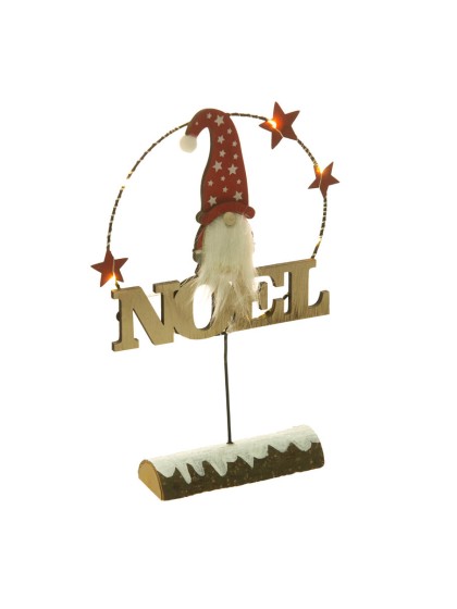 TISCHDEKORATION HOLZ WEIHNACHTEN GNOM 8 LEDs AUF HOLZSTAMM SCHNEE 24CM