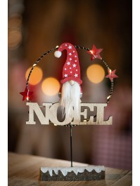 TISCHDEKORATION HOLZ WEIHNACHTEN GNOM 8 LEDs AUF HOLZSTAMM SCHNEE 24CM