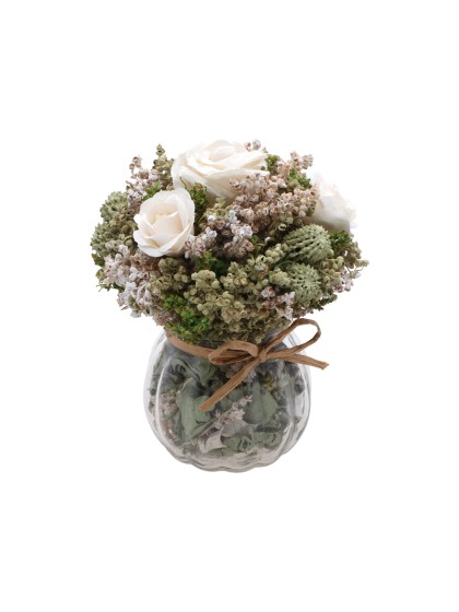 BLUMENSTRAUSS BLUMEN WEISS MARGOT IN VASE GLAS DIA 12CM X 15CM