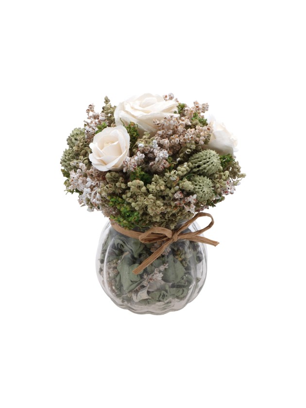 BLUMENSTRAUSS BLUMEN WEISS MARGOT IN VASE GLAS DIA 12CM X 15CM