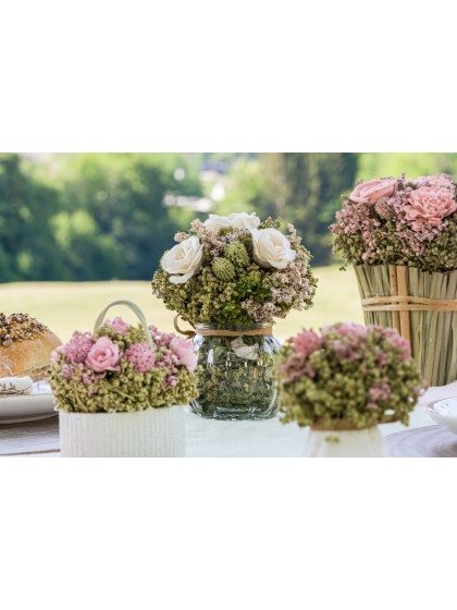 BOUQUET FLEURS BLANCHES MARGOT DANS VASE VERRE DIA 12CM X 15CM