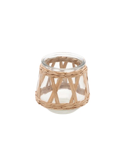 KERZENHALTER GLAS TRANSPARENT UND FLECHTWERK NATUR PM DIA 10CM X 9CM