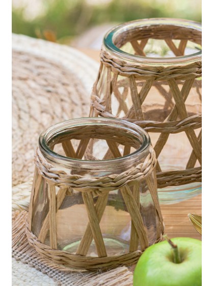 PORTE BOUGIE VERRE TRANSPARENT ET TRESSAGE NATUREL PM DIA 10CM X 9CM