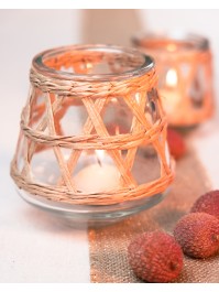 KERZENHALTER GLAS TRANSPARENT UND FLECHTWERK NATUR GM DIA 12CM X 12CM