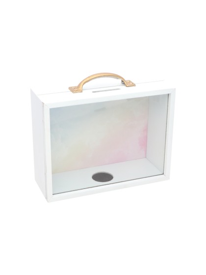 WOODEN MONEY BANK W/ METAL HANDLE 21CM X 7.5CM X 18CM