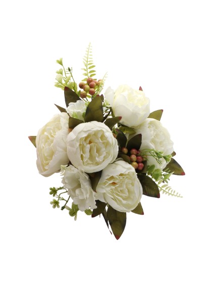 BLUMENSTRAUSS 7 BLUMEN WEISS MIT LAUB 43CM