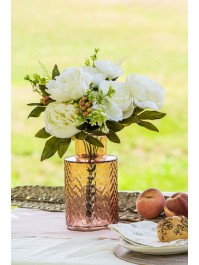 BLUMENSTRAUSS 7 BLUMEN WEISS MIT LAUB 43CM