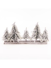 CENTRE DE TABLE BOIS 5 SAPINS NEIGE REALISTES 35 LEDS 53CM X 8CM X 25CM