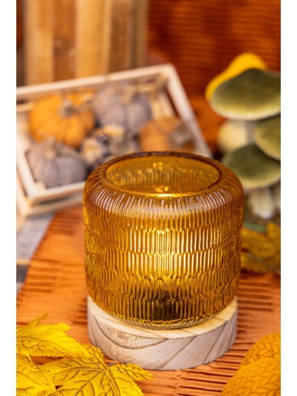 LAMPE DE TABLE AMBRE SUPPORT BOIS AV AMPOULE VINTAGE LED DIA 13.2CM X 14.5CM