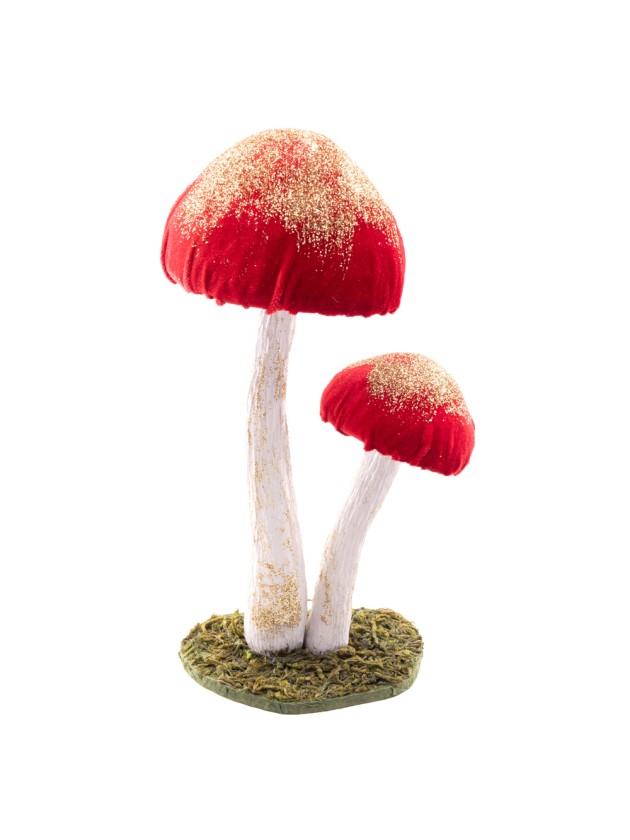 2 RED FAIRY MUSHROOMS W/ GOLD GLITTERS 12CM X 11CM X 25CM