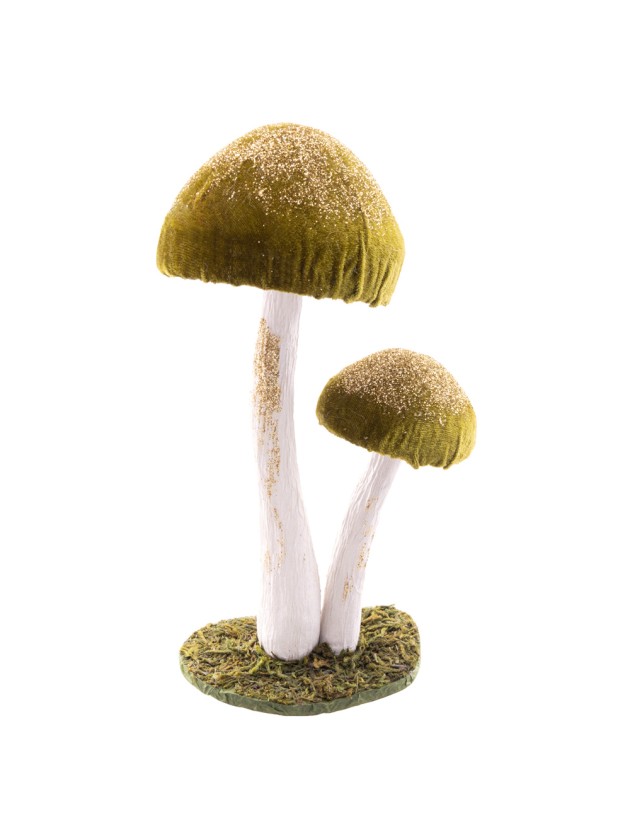 2 CHAMPIGNONS FAIRY VELOURS VERT PAILLETTES OR 12CM X 11CM X 25CM