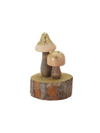 2 PILZE HOLZ PAILLETTEN GOLD AUF SOCKEL 6CM X 9CM