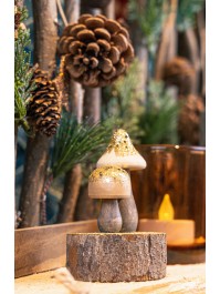 2 PILZE HOLZ PAILLETTEN GOLD AUF SOCKEL 6CM X 9CM