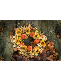 COURONNE AUTOMNALE TOURNESOLS ET CITROUILLES VELOURS DIA 50CM