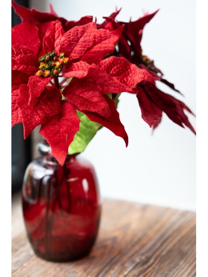 RED/BURGUNDY VELVET POINSETTIA STEM 2 ASS DIA 24CM X 53CM