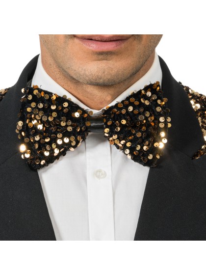 NOEUD PAPILLON VELOURS NOIR ET SEQUINS BRONZE 15CM X 8CM