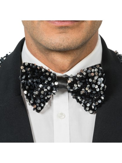 NOEUD PAPILLON VELOURS NOIR ET SEQUINS ARGENT 15CM X 8CM