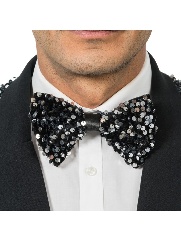 NOEUD PAPILLON VELOURS NOIR ET SEQUINS ARGENT 15CM X 8CM