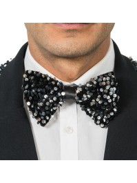 NOEUD PAPILLON VELOURS NOIR ET SEQUINS ARGENT 15CM X 8CM