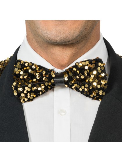 NOEUD PAPILLON VELOURS NOIR ET SEQUINS OR 15CM X 8CM