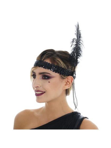 STIRNBAND CHARLESTON PAILLETTEN UND FEDER SCHWARZ 