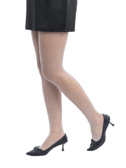 STRUMPFHOSE NETZ WEISS MIT STRASS Einheitsgröße