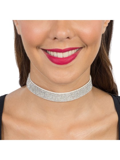 SILVER DIAMOND CHOKER NECKLACE 40CM X 1.7CM