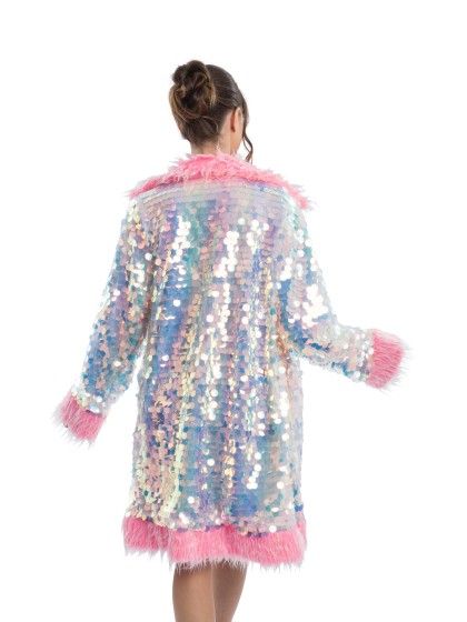 LANG MANTEL WENDBAR PAILLETTEN UND KUNSTFELL ROSA L-XL